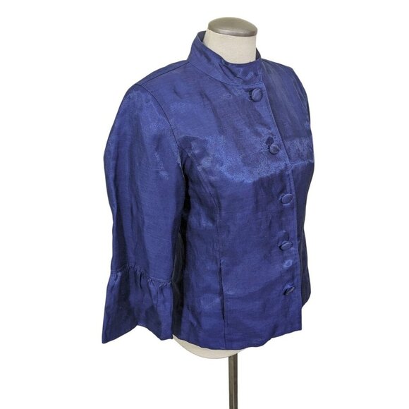 Chicos Blue Sheen Linen Blend Buttoned Lightweight Lined Jacket Size 0 US XS - Picture 2 of 5